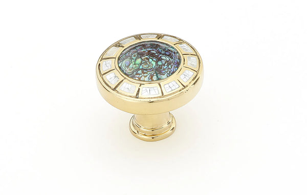 Fair Isle Knob, Round, Imperial Shell, Mother of Pearl, Polished Brass, 1-1/2'' dia 655-PB