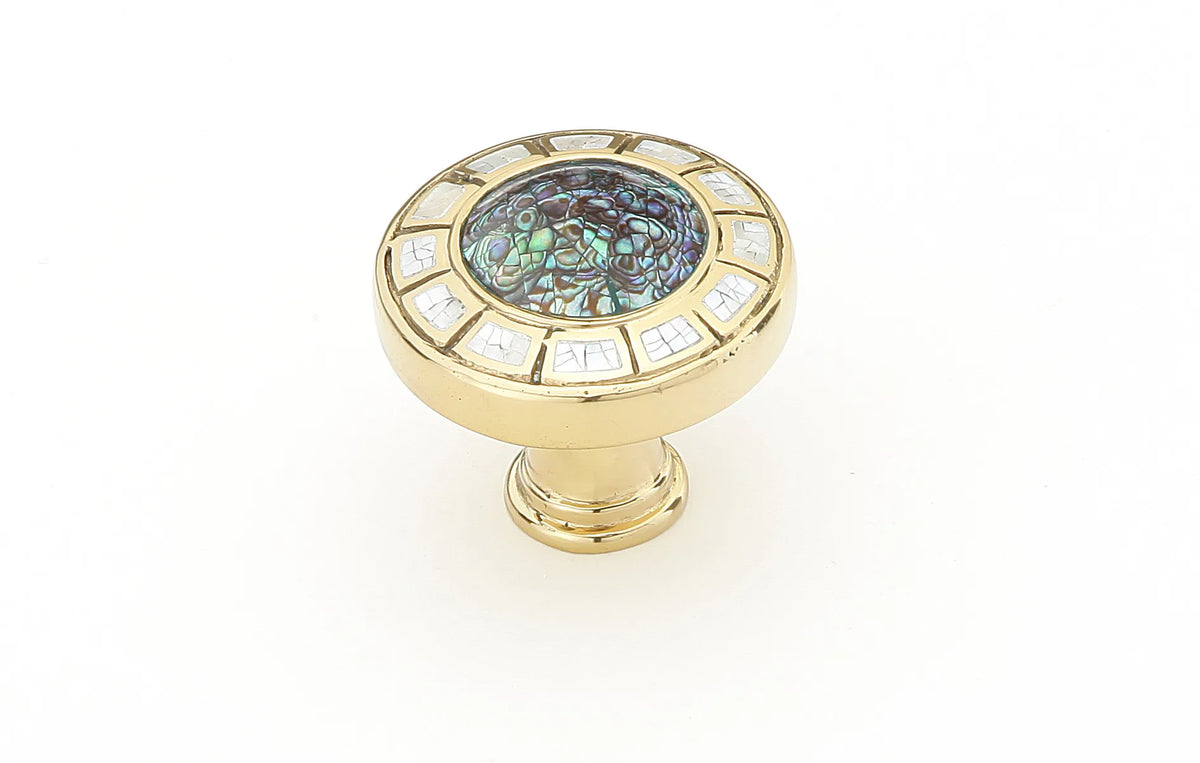 Fair Isle Knob, Round, Imperial Shell, Mother of Pearl, Polished Brass, 1-1/2'' dia 655-PB